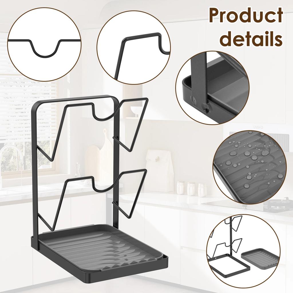 Pot Lid Storage Rack Kitchen 2 Layer Pot Cover and Pan Organizer Cutting Board Spatula Holder with Removable Drip Tray