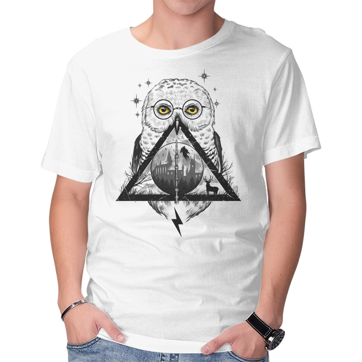 Unisex Crew Neck T-Shirt Owls and Wizardry Graphic Short Sleeve Casual Tee S