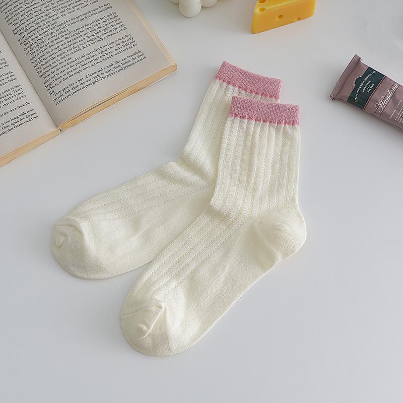 Korean Style Summer Thin Mesh Mid-Tube Cotton Socks In Pastel Colors