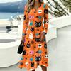 Women's Halloween Print V-Neck Long Sleeve Casual Dress with Pockets