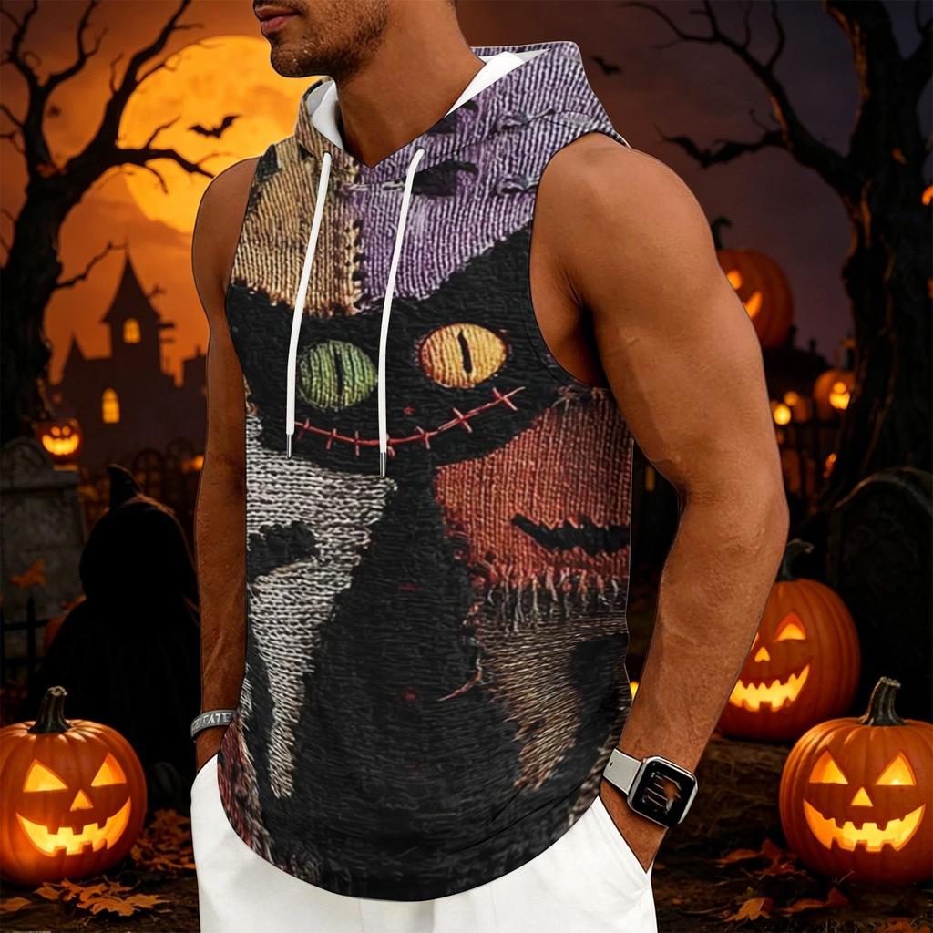 Men's Casual Sleeveless Hoodie with Drawstring Hood Halloween Themed Graphic Print Lightweight Pullover Vest for Everyday Wear