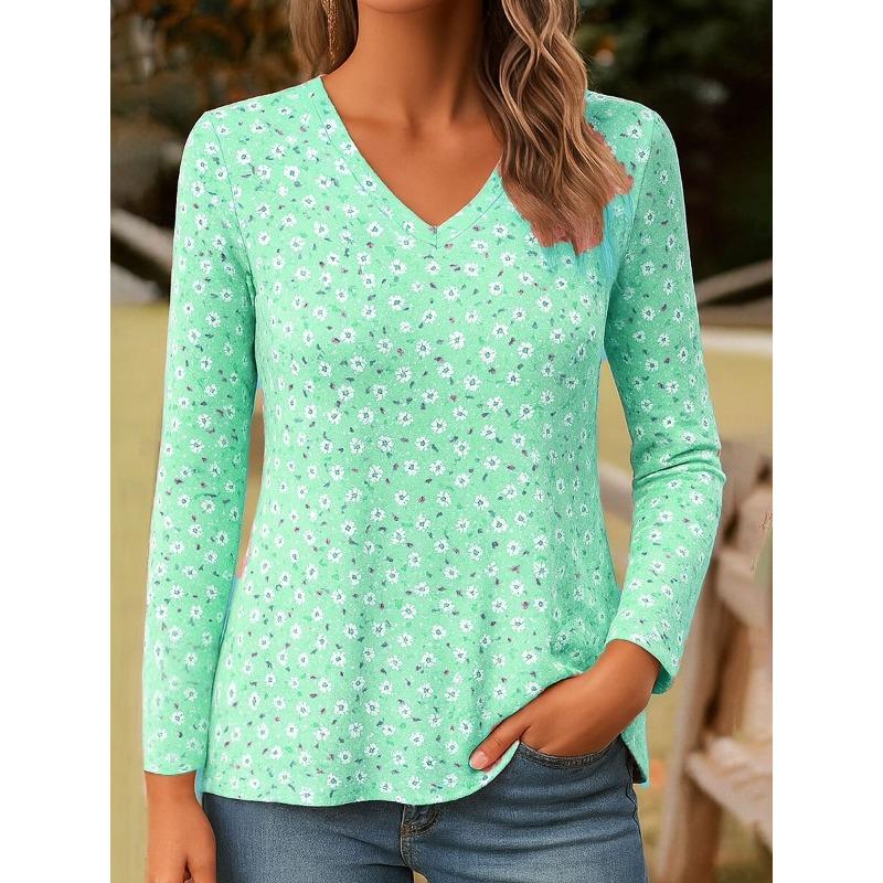 Spring and Autumn V-neck 3D Little Flower Printed Top Fashionable Casual Long Sleeved Women's T-shirts