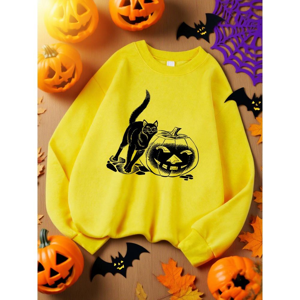 Black Cat and Pumpkin Lantern Prints Sweatshirt Woman Casual Fleece Sweatshirts Round Neck Autumn Top Hip Hop Sportswears
