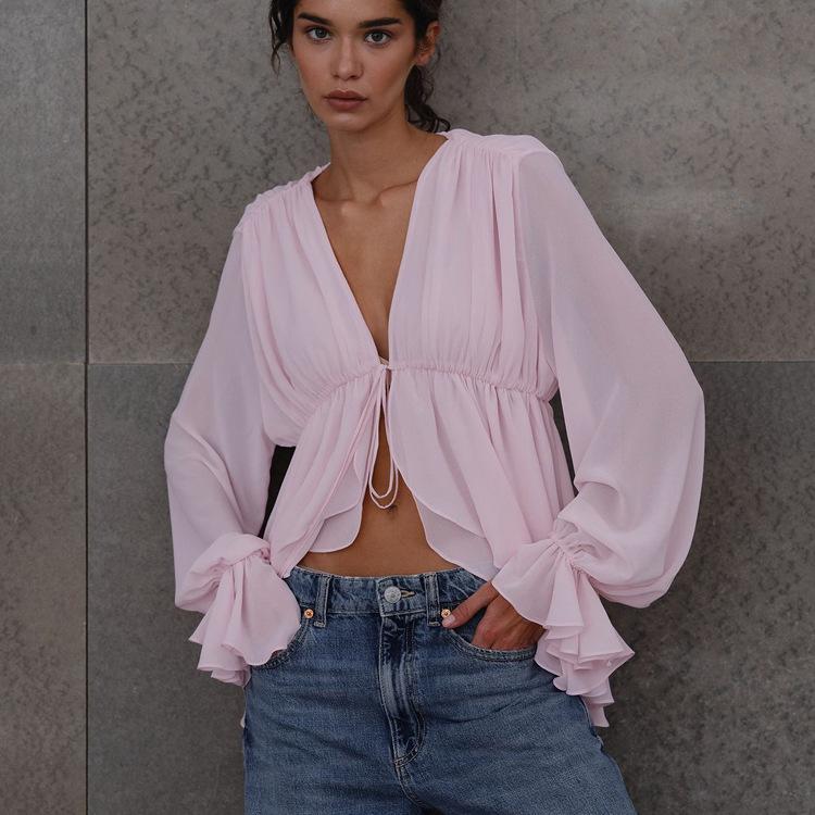 European and American women's clothing new sexy babes lace-up long-sleeved top pleated loose design French shirt women