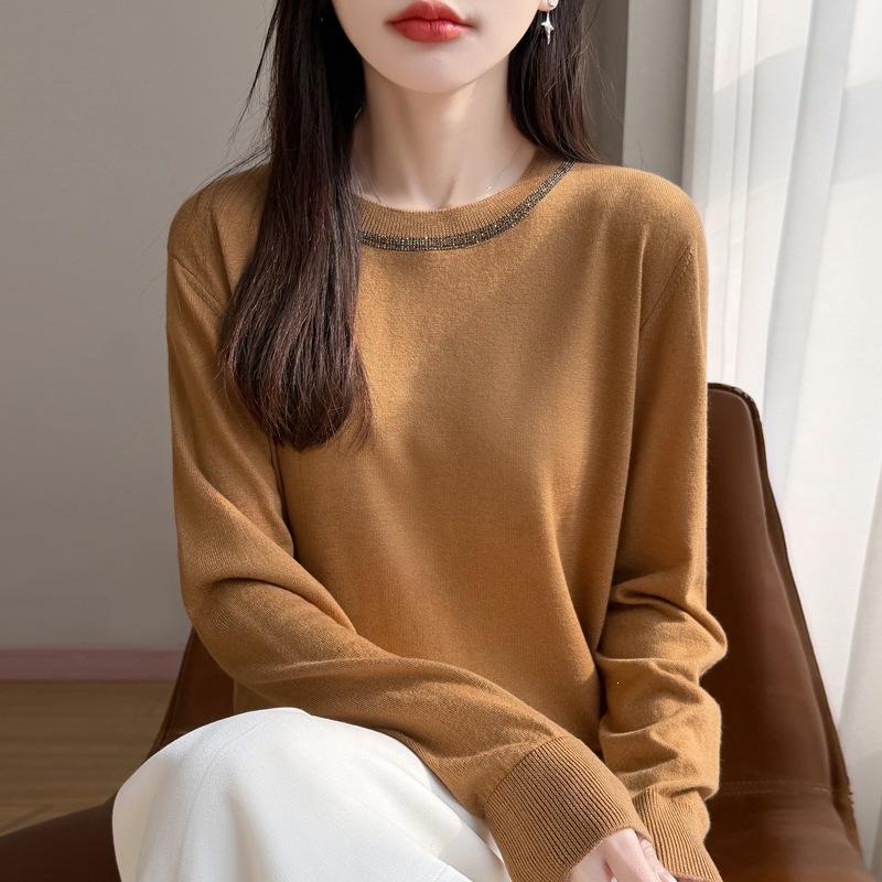 Loose Large-sized Sweater for Ladies, Women's Round-neck Long-sleeved Top, Heavy-stitched with Glittering Diamonds, Knitted Sweater