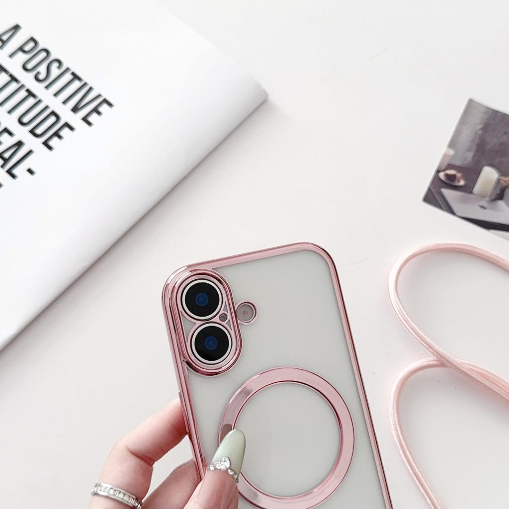 For iPhone 17 Case Compatible with MagSafe Electroplating TPU Phone Cover with Long Lanyard