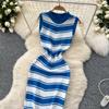 Sommer Frauen Ärmelloses Gestreiftes Gestricktes Quaste Schlank Bodycon Etuikleid Pullover Kleider