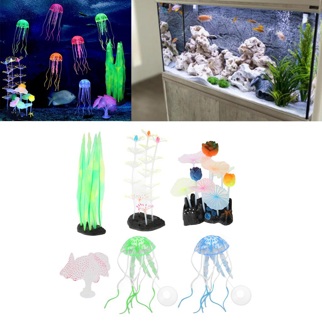 6 Stück Leuchtende Aquariumdekorationen Simulation Silikon Seetang Silberner Lotus Lotusblatt Feder Koralle Quallen Ornamente