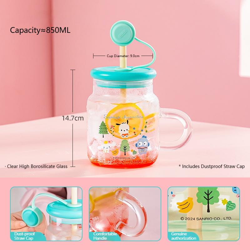 For Sanrio High Borosilicate Glass Straw Glass Cup Heat-resistant Water Mug with Handle Cartoon Pattern Cold&Hot Drink Juice Cup