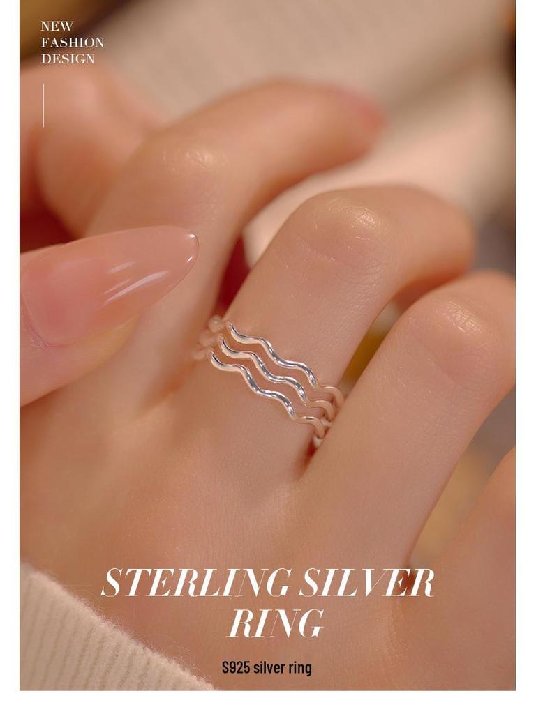 Banyan Tree S925 Silver Triple Wave Korean Ring, Adjustable Plain Cold-Style
