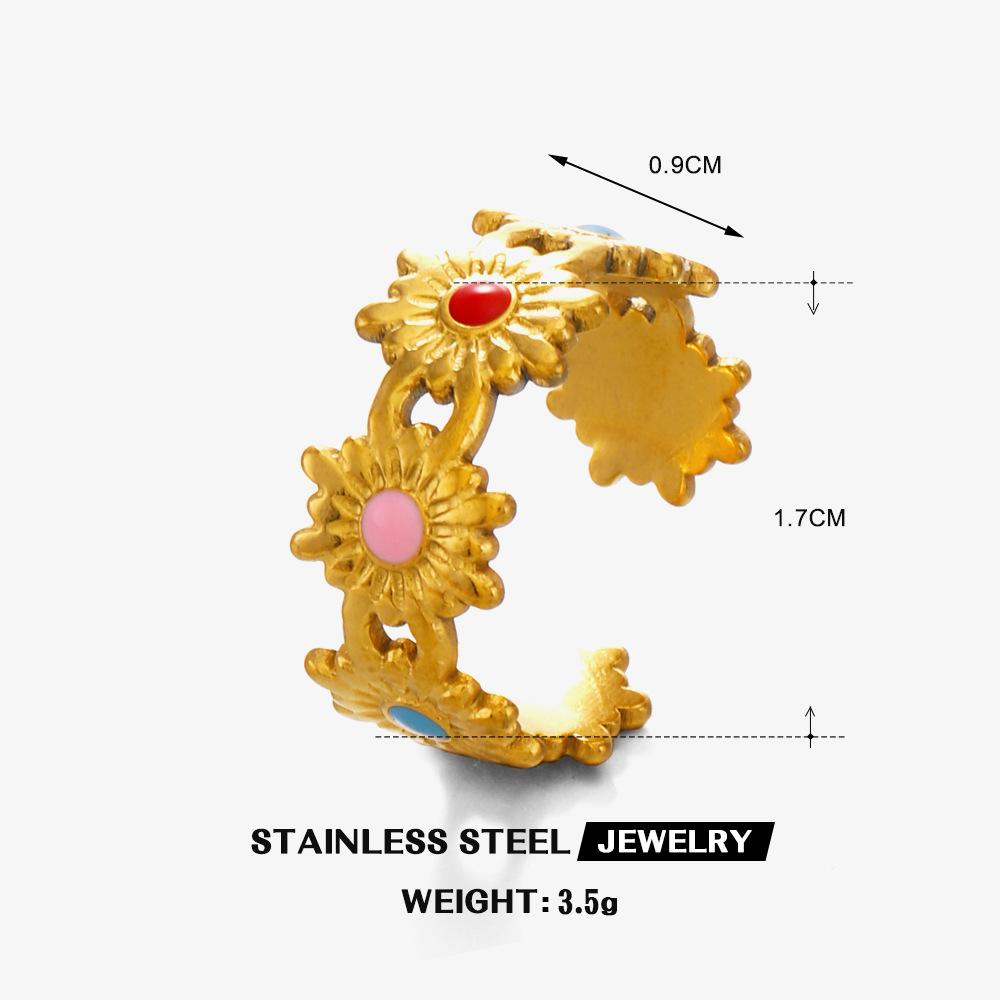 

316L Stainless Steel Enameled Flower Leaf Ring for Women Colored Dripping Glaze Series Water Resistant Rings Luxury Jewelry Gift