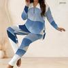 Women Plus Size Colorful Geometric Printed Half Zip Long Sleeve Long Top Fitted Pants Two Piece Set