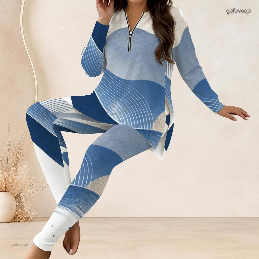 Women Plus Size Colorful Geometric Printed Half Zip Long Sleeve Long Top Fitted Pants Two Piece Set