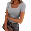 Women's U Neck Long Sleeve Tee Slim Fit Casual Ribbed Knit Solid Color Spring Basic Top
