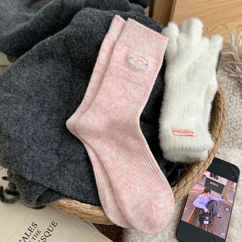 

Женские осенне-зимние толстые и милые шерстяные носки до середины икры с вышивкой в виде банта 1 pair розовый