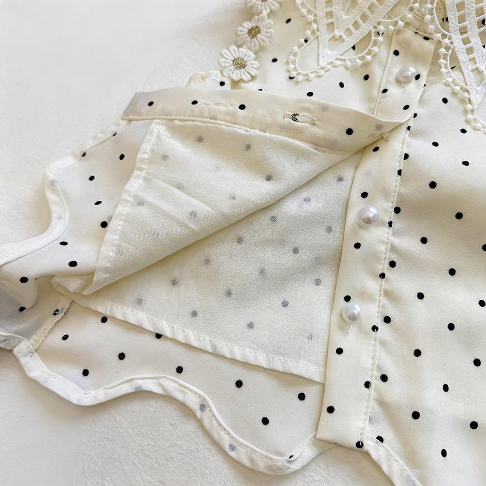 Girls Summer Polka Dot Sleeveless Top And Shorts Set Hollow Lace Collar Shirt Two Piece Outfit For Kids