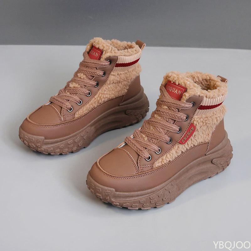 New Autumn Winter Cotton Shoes with Warm High Top Color Blocking Plush Height Increasing Simple Comfortable Women's Shoes