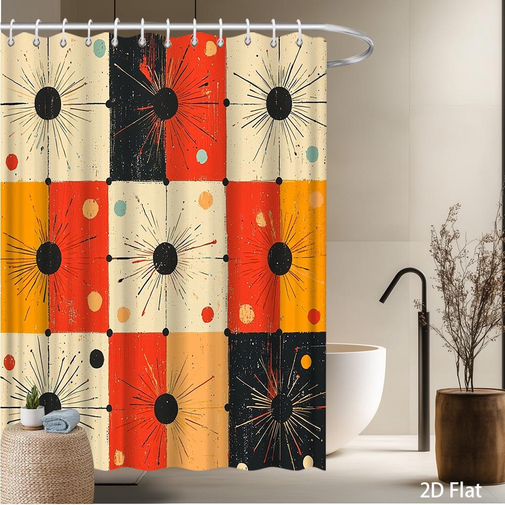 

Modern Retro Geometric Shower Curtain – Bold Color Blocks & Dot Patterns, 2D Flat Design, Machine Washable, Includes Hooks 90x180cm35x71in