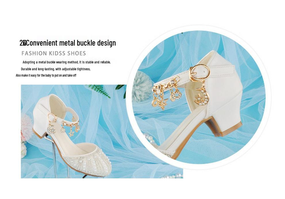 Silver Crystal Low-Heel White Leather Princess Shoes for Girls