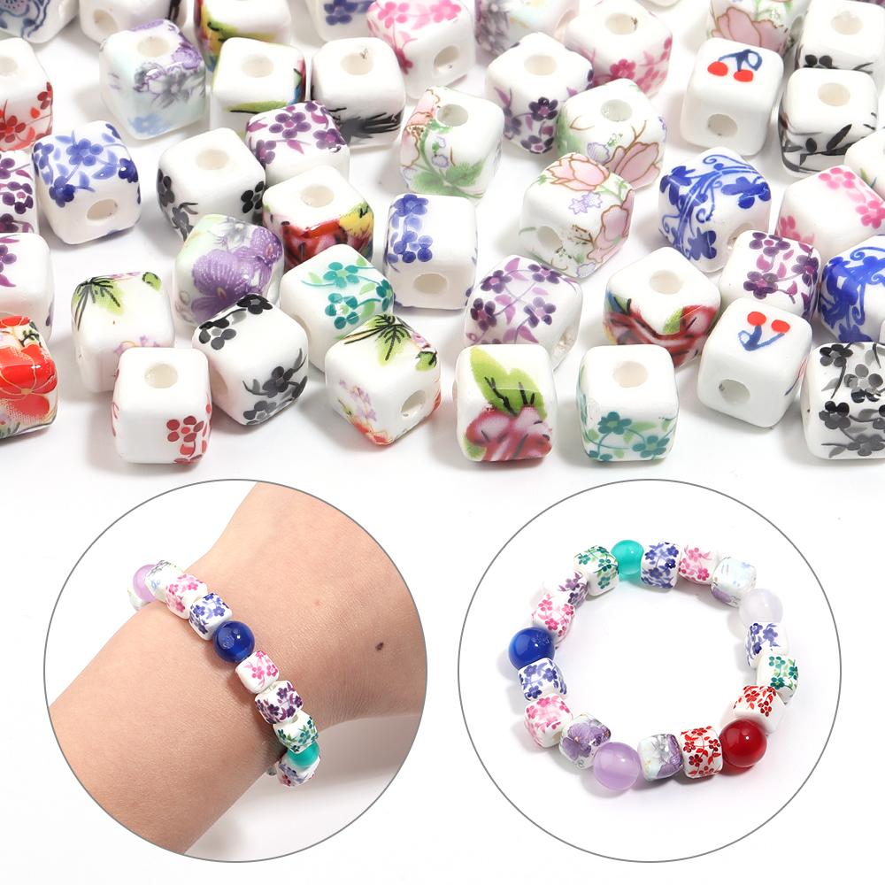 20pcs 8mm Flower Patterns Square Ceramic Beads Big Hole Porcelain Loose Beads For Jewelry Making DIY Bracelets Necklace Findings