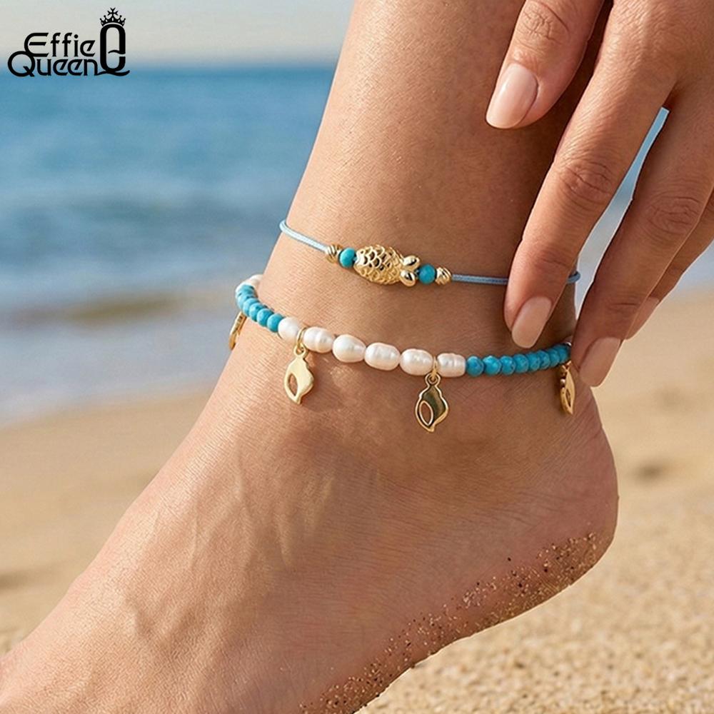 Effie Queen 925 Silver Dainty Turquoise Stone Beaded Anklet with Freshwater Pearls Foot Bracelet Jewelry Best Gift Jewellry SA95