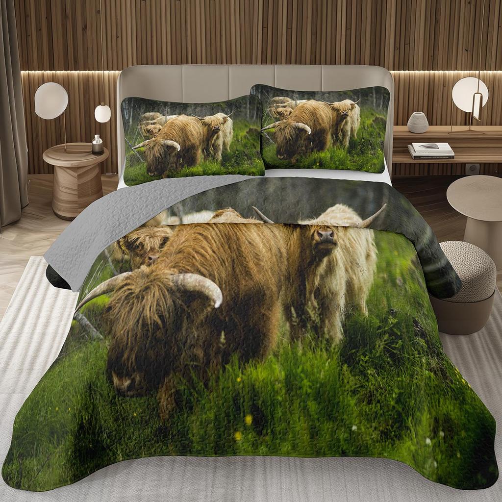Hochlandkuh Tagesdecke Twin/King Bauernhoftier Stier Rind Überwurf Rustikaler Landhausstil Gestepptes Bettwäscheset Wendbare Tagesdecken