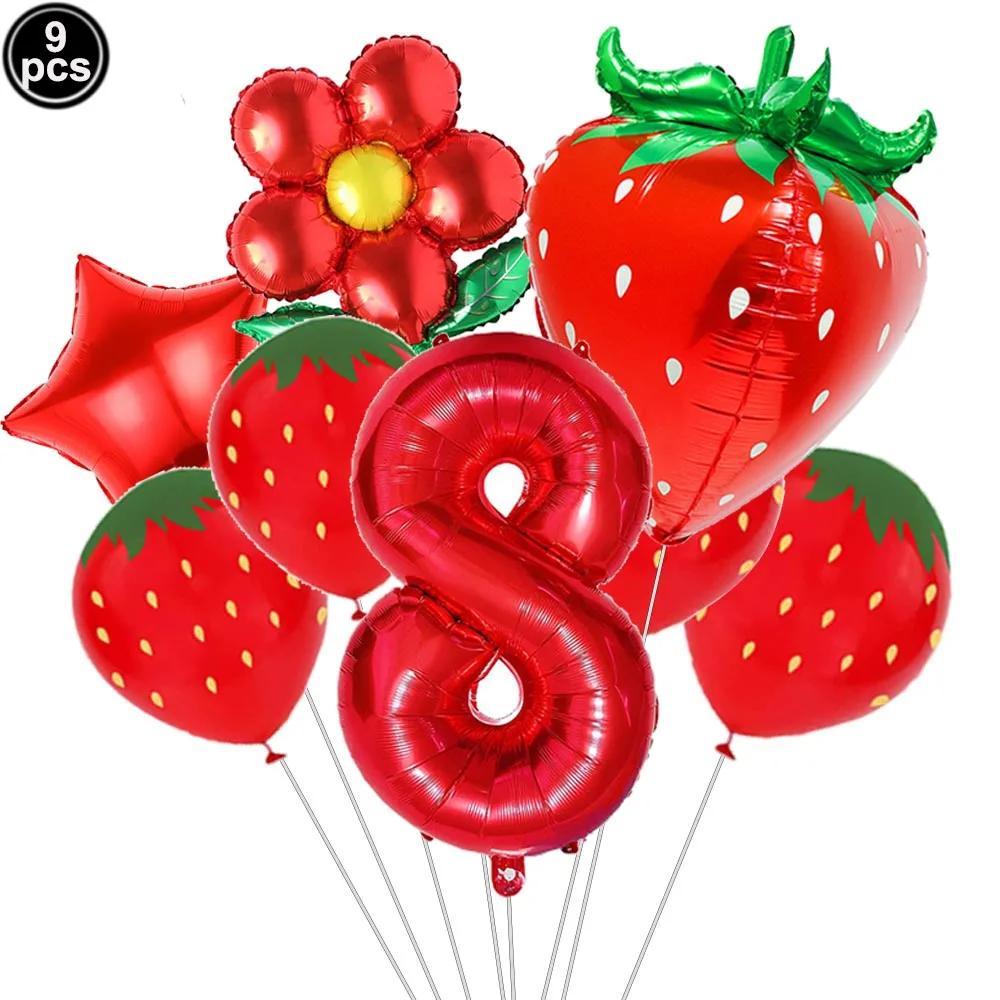 9pcs Strawberry Balloons Kits Birthday Decorations for Girls 32inch 0-9 Number Balloons for Strawberry Birthday Party Decors