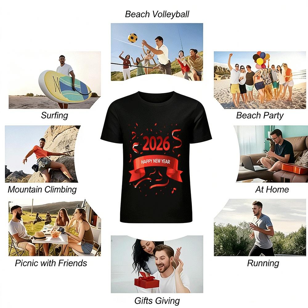2026 Happy New Year Festive Print Casual Unisex Top Pure Cotton T-shirt