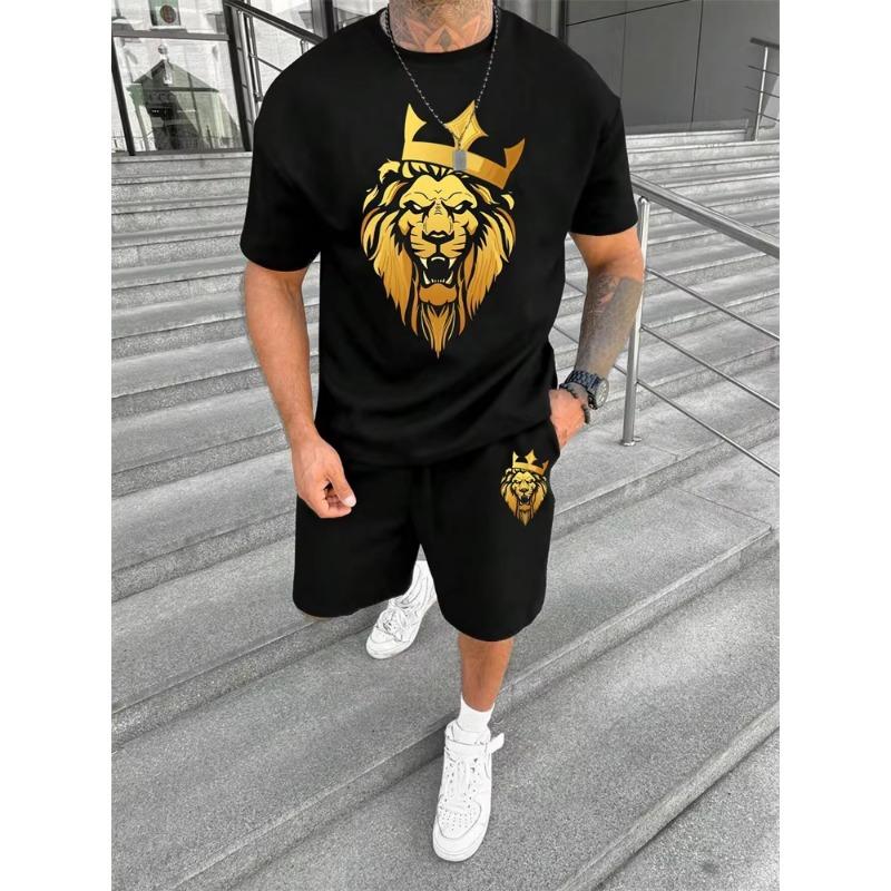 2024 New Crew Neck Short Sleeve T-shirt Fashion Shorts Set 3D Lion Print Short Sleeve Shorts 2-piece Men's Summer Sports Set