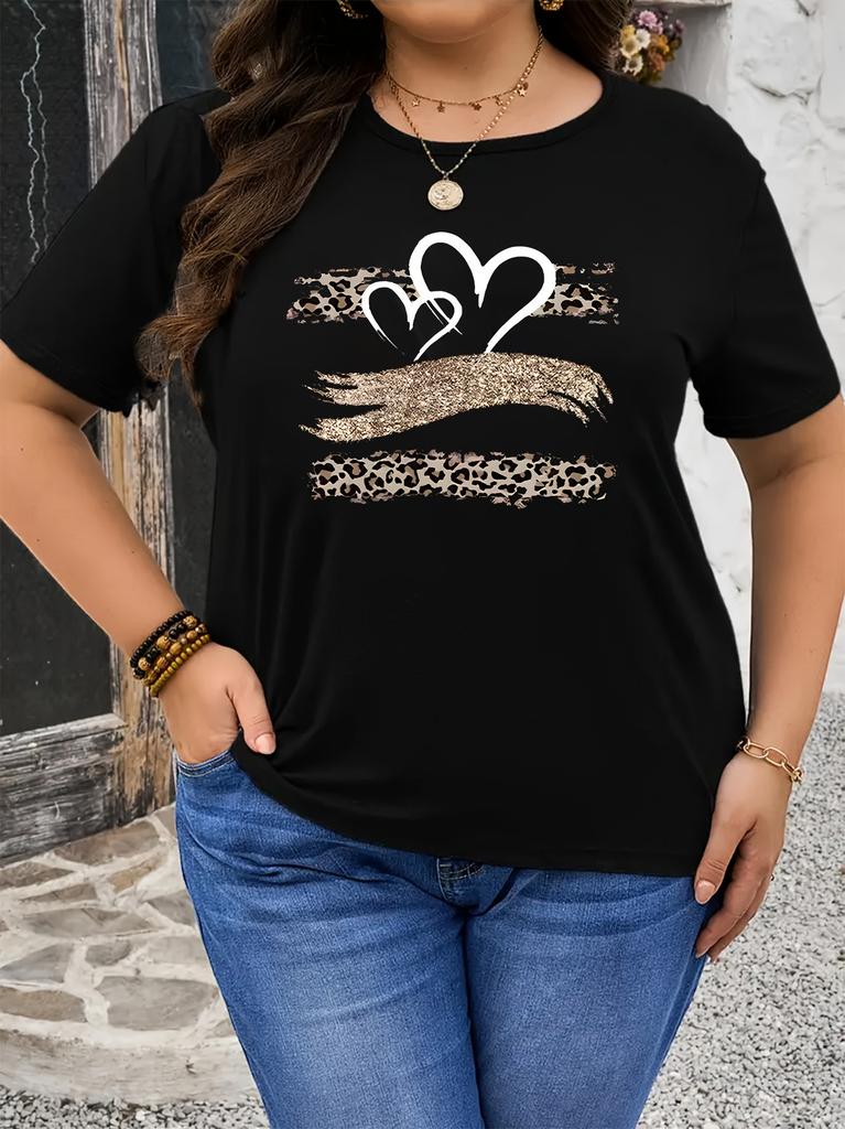 New T-shirt Leopard Print Heart Pattern Black T-shirt
