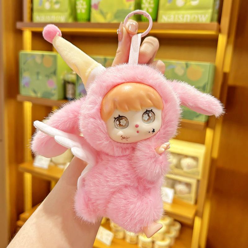 Fluffy Angel Bunny Keychain Plush Toy Pendant Cute Soft Vinyl Doll for Kids Birthday Present