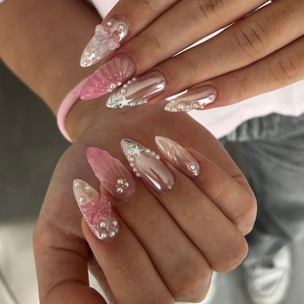 24 Pcs Pink Silver Glossy Almond Press On Nails With Bow And Pearl Decor Reusable Fake Nail Tips Set