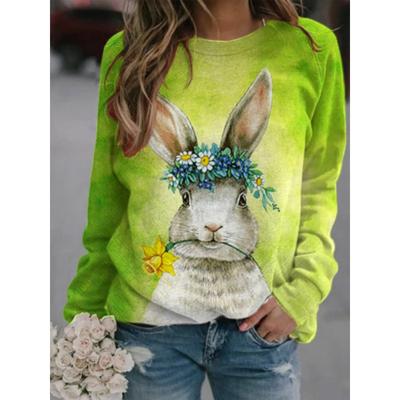 Easter Bunny Print Women's 3D Round Neck Long Sleeved Comfortable Casual Loose Plus Size T-Shirts