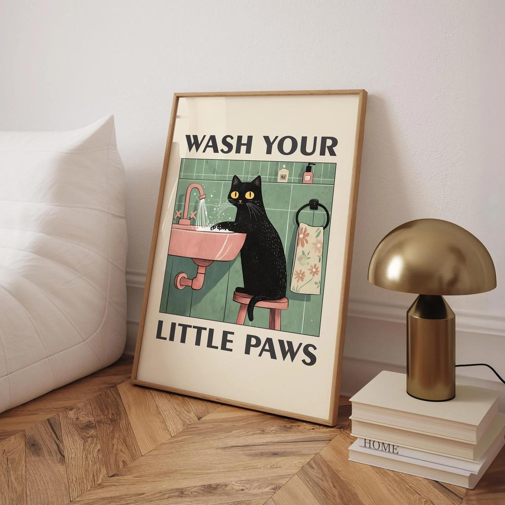 Cute Wash Paws Cat Canvas Print Kawaii WashRoom Bathroom Nursery Wall Art Poster for Modern Living Room Bedroom Home Decor