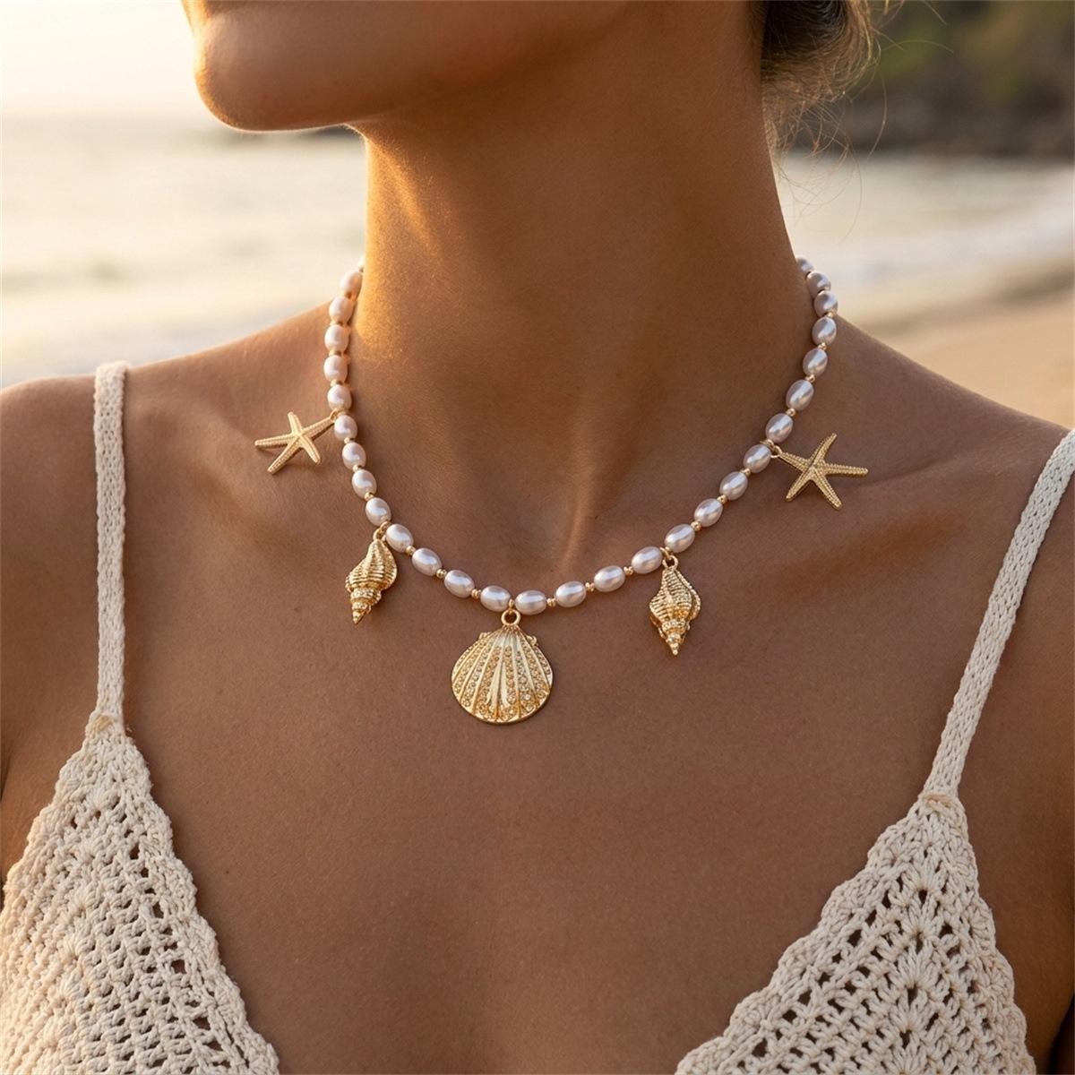 

Summer Ocean Starfish Shell Conch Pendant Simulated Pearl Necklace For Women Men Boho Seaside Elegant Star Choker Beach Jewelry