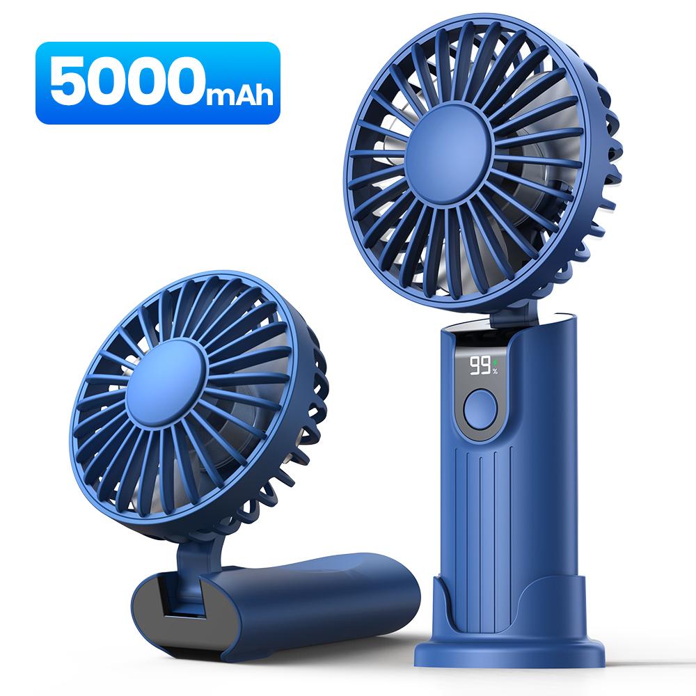 TOPK 5000mAh Mini Portable Fan USB Rechargeable Hand Held Fan,Small Pocket Fan 3 Speeds with Lanyard &Base,USB Desk Fan Foldable