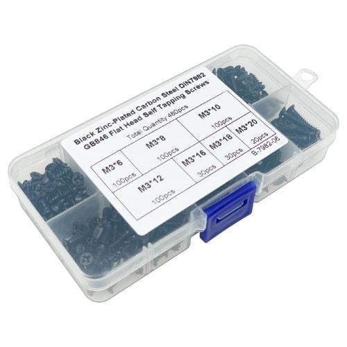 PENGLIN 480-Piece Countersunk Head Self-Tapping Screw Set, M3 3mm, Cross Recess, Carbon Steel, 7 Types, Black, with Storage Case