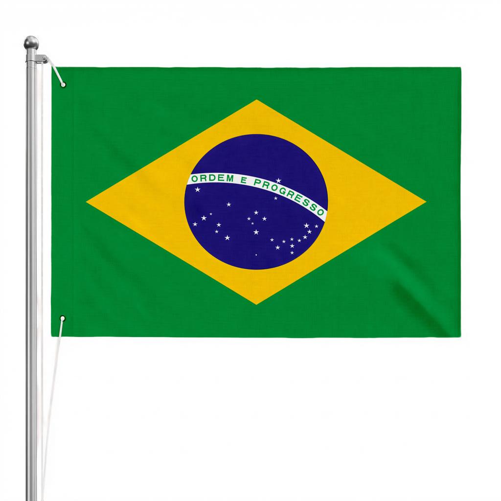 1 pezzo Bandiera Nazionale Brasiliana, Sfondo Verde con Rombo Giallo, Cerchio Blu e Banda Bianca "ORDINE E PROGRESSO", Stelle Bianche Rappresentanti l'Emisfero Australe