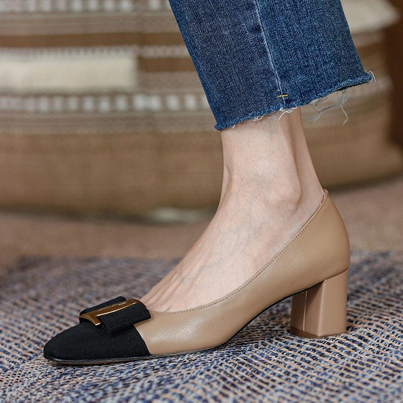 Katya Xiaoxiangfeng Square Head Metal Buckle Color Matching Single Shoes Bow Temperament High Heels Thick Heel Professional