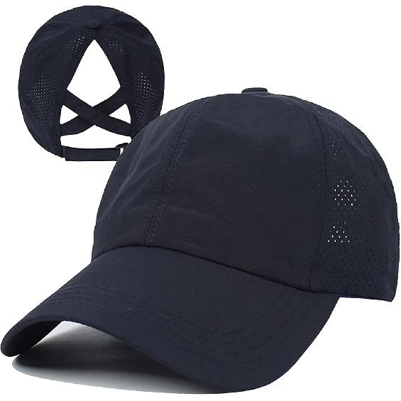 HGGE Womens Criss Cross Ponytail Baseball Cap High Messy Bun Ponycap Trucker Hat Quick Drying Mesh Dad Hat for Outdoor Sports