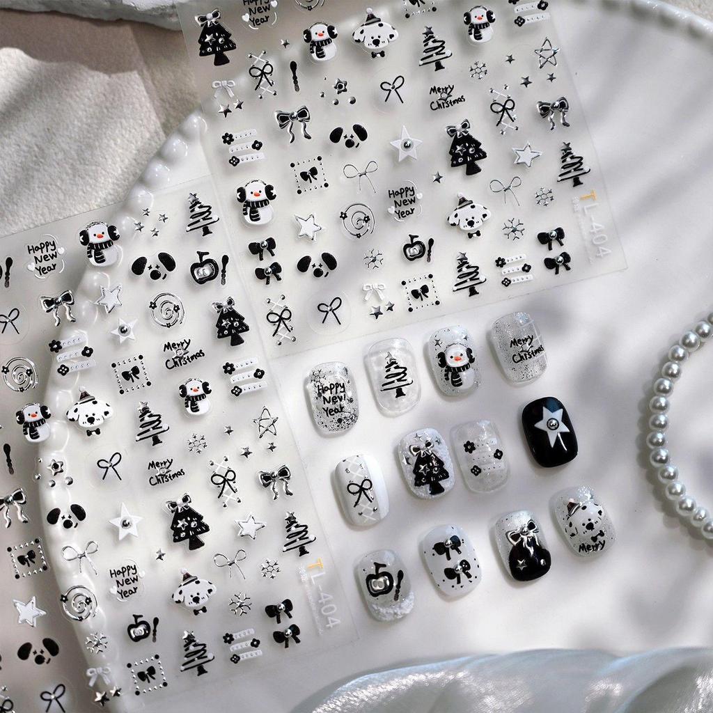 Christmas Puppy & Snowman Nail Art Stickers - Waterproof, Cute Style with Silver Pearl, Ideal for DIY Manicures