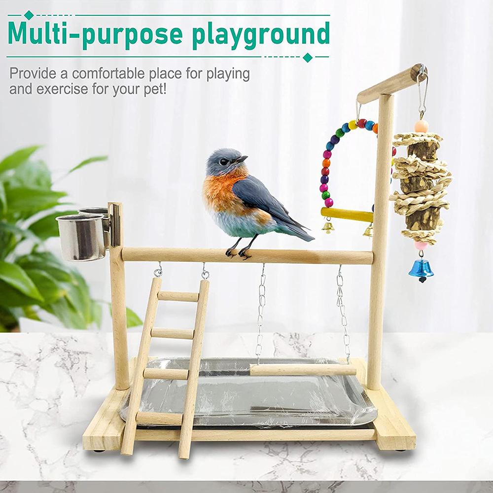 Wood Bird Playground Parrot Playstand with Feeder Cups Ladder Versatile Exercise Swing Toys for