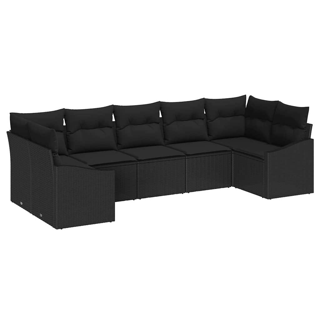 7 Piece Sofa Set with Cushions Black Poly Rattan