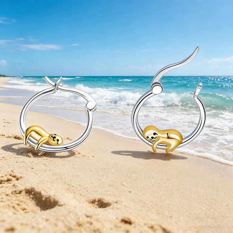 Bi-Color Plated Metal Hanging Sloth Shape Snap Closure Hoop Earrings Lovely Wildlife Animal Ladies Casual Accessories