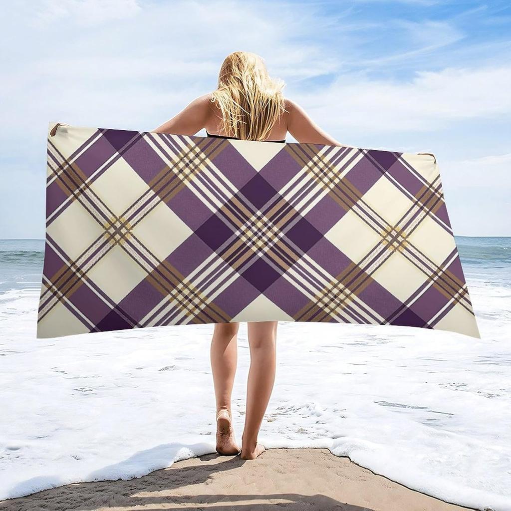 Purple White Plaid Beach Towels Oversized Sand Free Microfiber Towel Quick Dry Ultra Absorbent Bath Towel Lightweight Travel