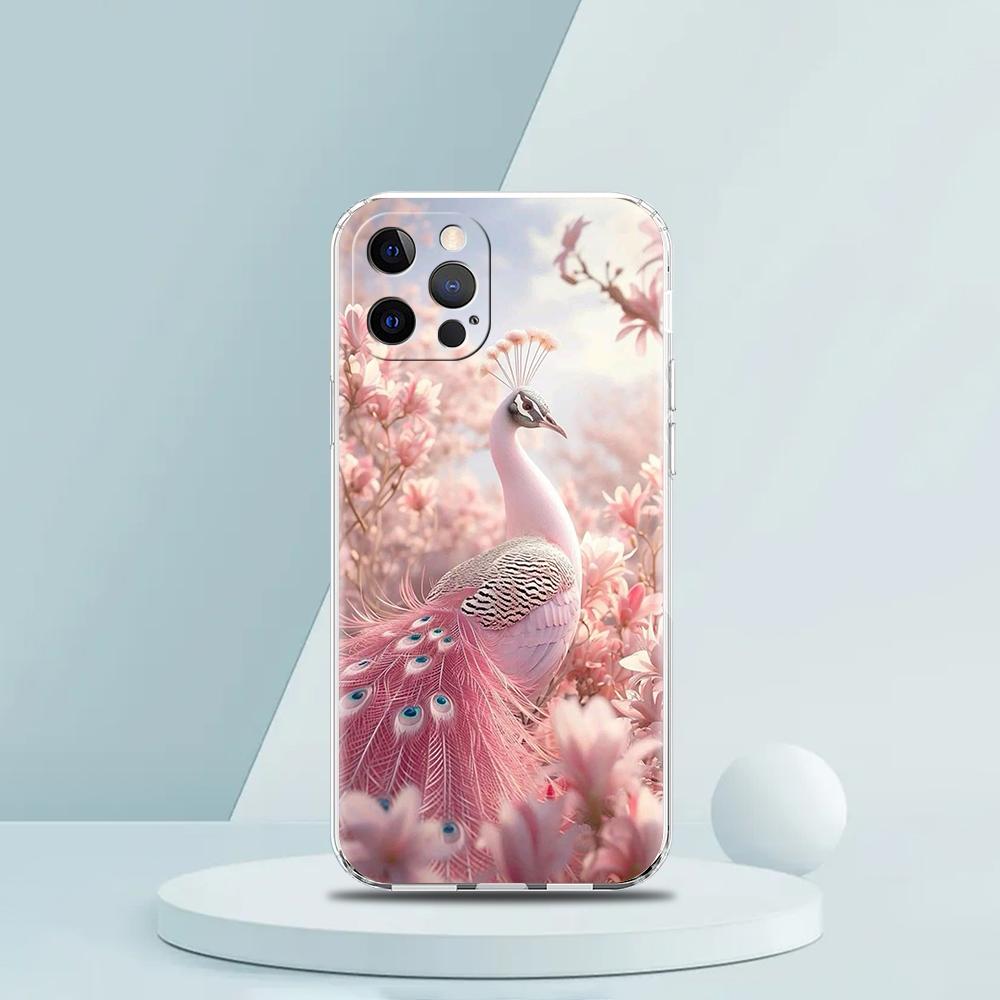 Soft TPU Transparent Phone Case Cover for iPhone 16 15 14 13 12 11 Pro Max XR 8 7 Plus XR Shell Animal Cute Peacock Pattern Bags