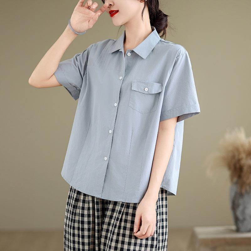 

2025 летняя новая хлопковая рубашка с короткими рукавами женская однобортная плиссированная однотонная тонкая рубашка-кардиган с лацканами M синий