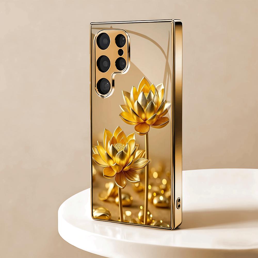 Golden lotus design electroplated glass phone case suitable for Samsung Galaxy S26 S25 S24 S22 S21 S20 FE/Ultra/Plus anti drop