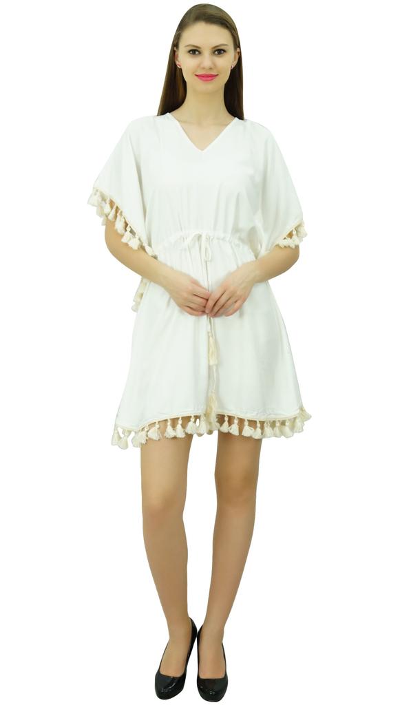 Bimba Women's V Neck Tassel Kaftan Short Rayon Caftan Designer Beachwear Coverup