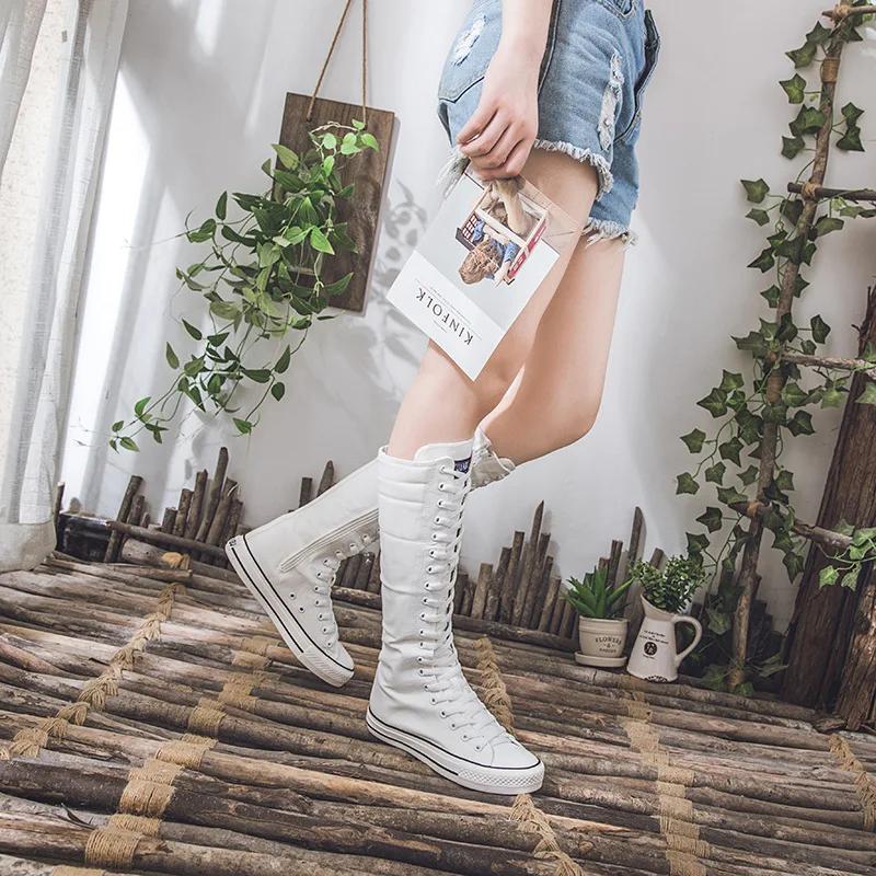 Summer High Top Women's Shoes Knee High Boots Side Zipper Flats Vulcanized Shoes Lace-Up Comfortable Platform Sneakers Female